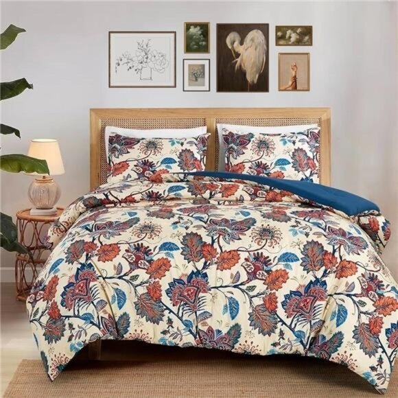 NEW Anthropologie Red Blue Floral Queen / King Boho Comforter Bedding & Sham Set - Picture 1 of 10